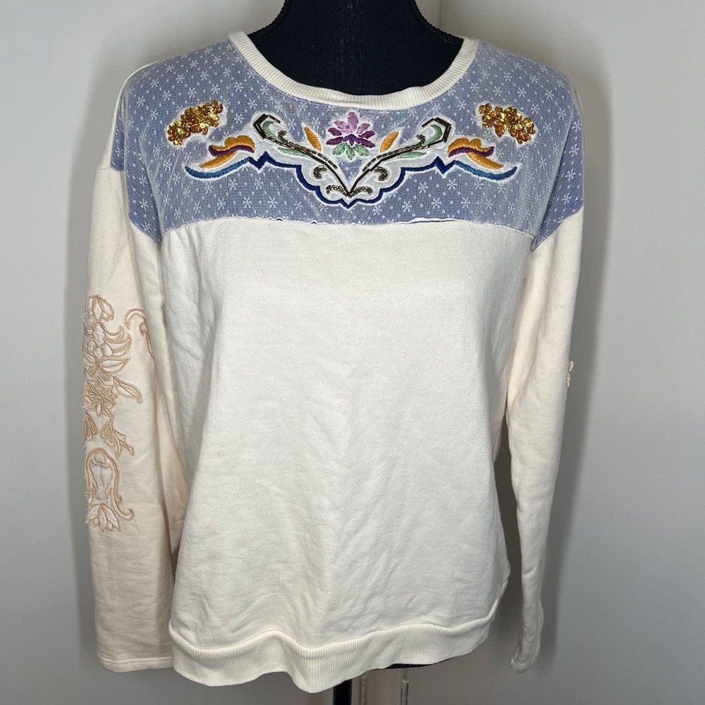 Anthropologie Akemi + Kin Flatlands Embroidered Boho Beaded Sweatshirt Small